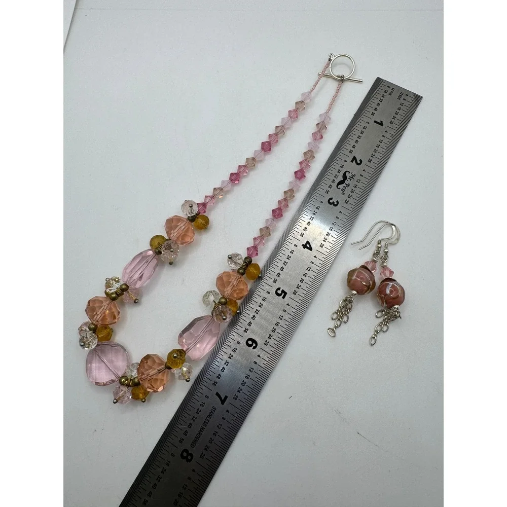 Pink Peach Beaded Statement Necklace & Lampwork Dangle Earring Set 16
